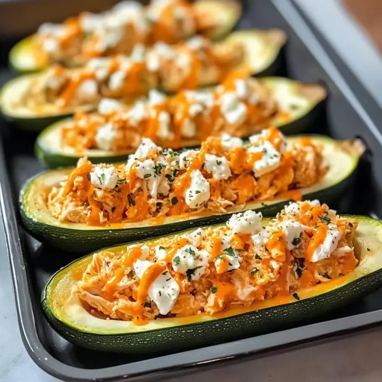 High Protein Buffalo Chicken Stuffed Zucchini Boats